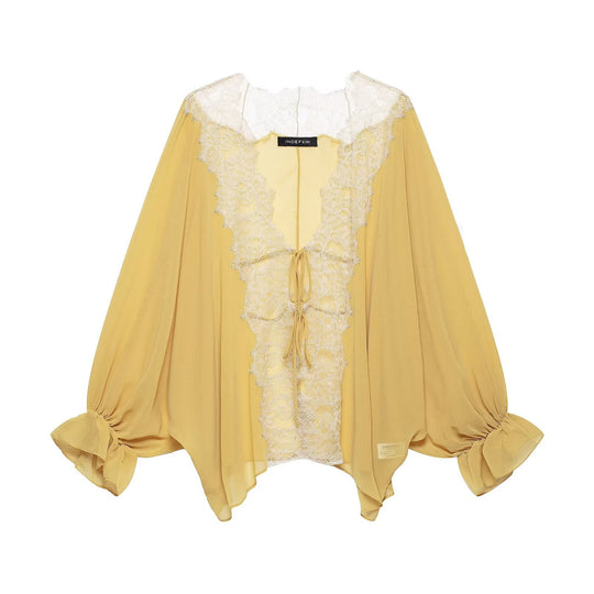Damen Fließende Kimono‑Bluse mit Spitzenbesatz und Bindeband Nord Taschen