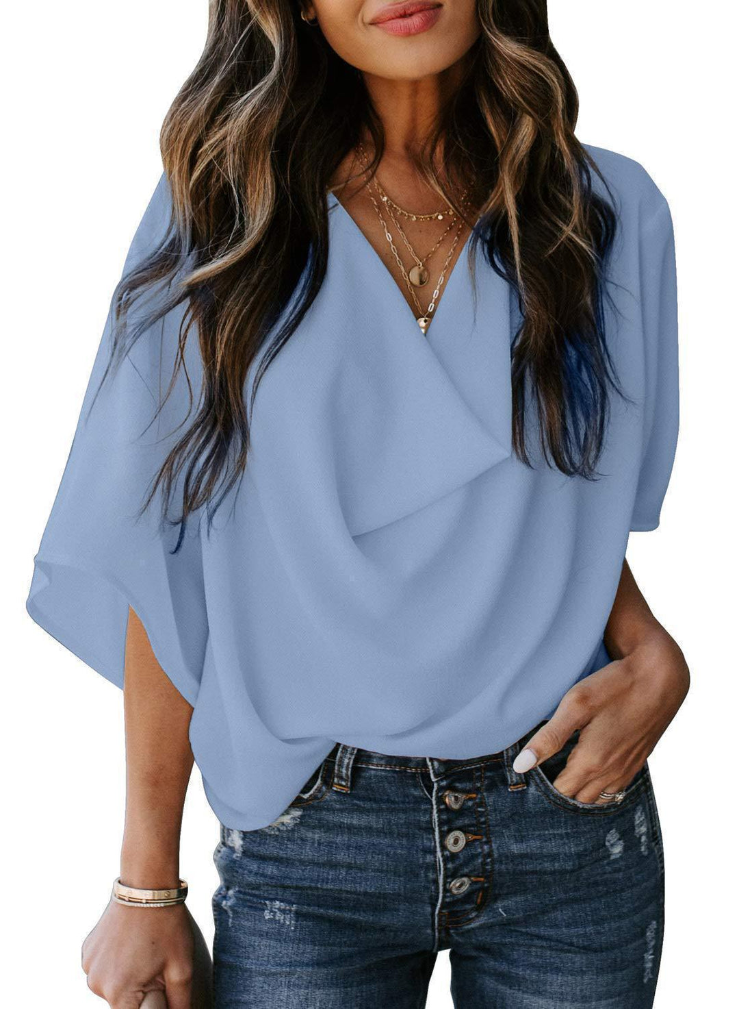 Damen lässiges Oversized-Oberteil mit drapiertem V-Ausschnitt