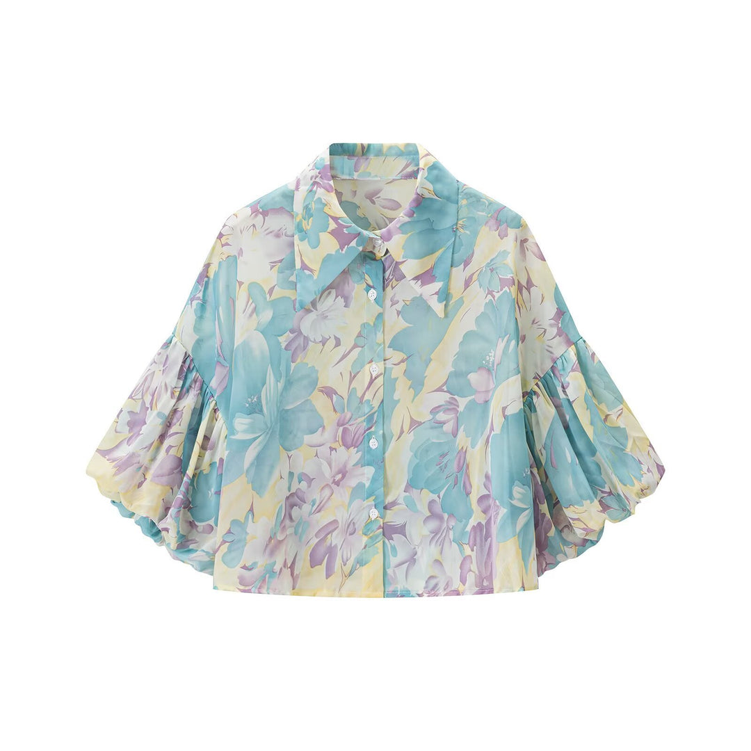 Damen Blumenprint-Chiffonbluse mit weitem Ballonärmel und Hemdkragen Nord Taschen