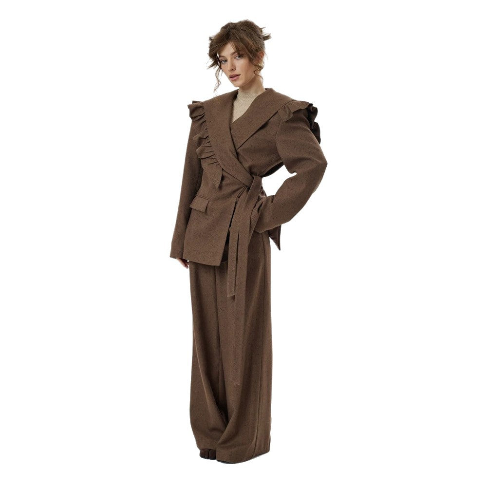 Damen Zweiteiliges Oversize-Blazer-und-Hose-Set mit Volant-Schulter und hoher Bundfalte Nord Taschen