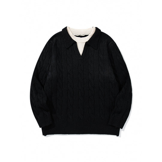 Herren Grobgestrickter Zopfmuster-Pullover mit Polokragen und V‑Ausschnitt Nord Taschen
