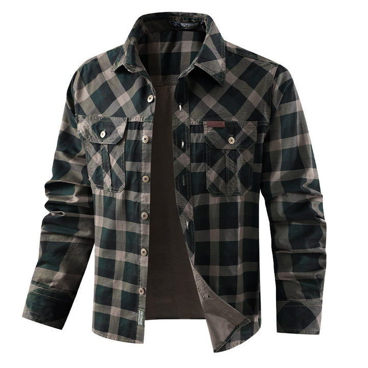 Herren  lässiges kariertes Flanellhemdjacke aus Baumwollmischung mit doppelten Brusttaschen und verstärkter Steppung Nord Taschen