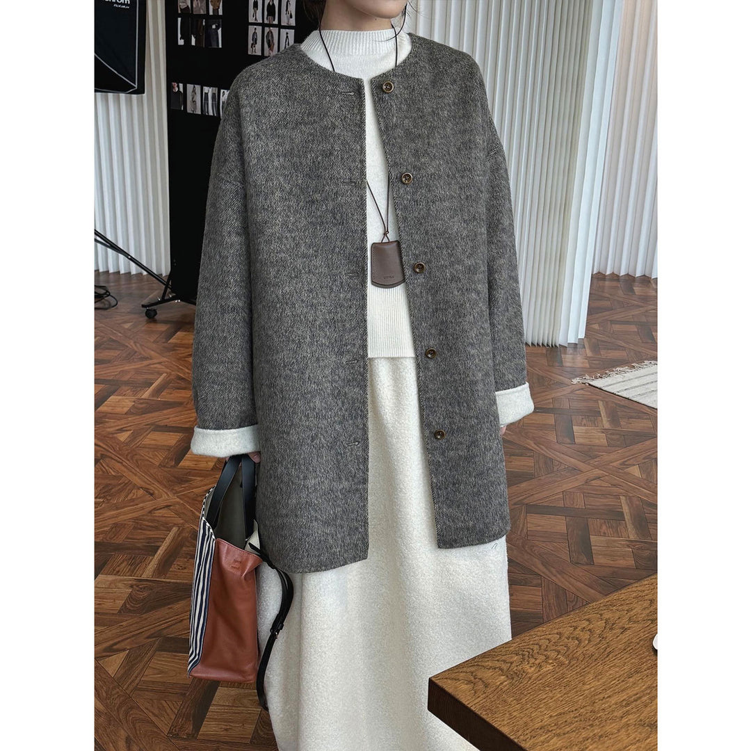 Damen Oversized Wollmix-Mantel mit Knopfleiste und umschlagbaren Teddy-Bündchen Nord Taschen