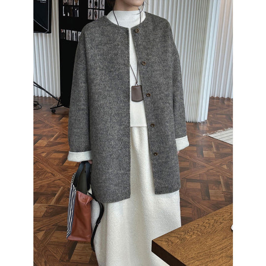 Damen Oversized Wollmix-Mantel mit Knopfleiste und umschlagbaren Teddy-Bündchen Nord Taschen