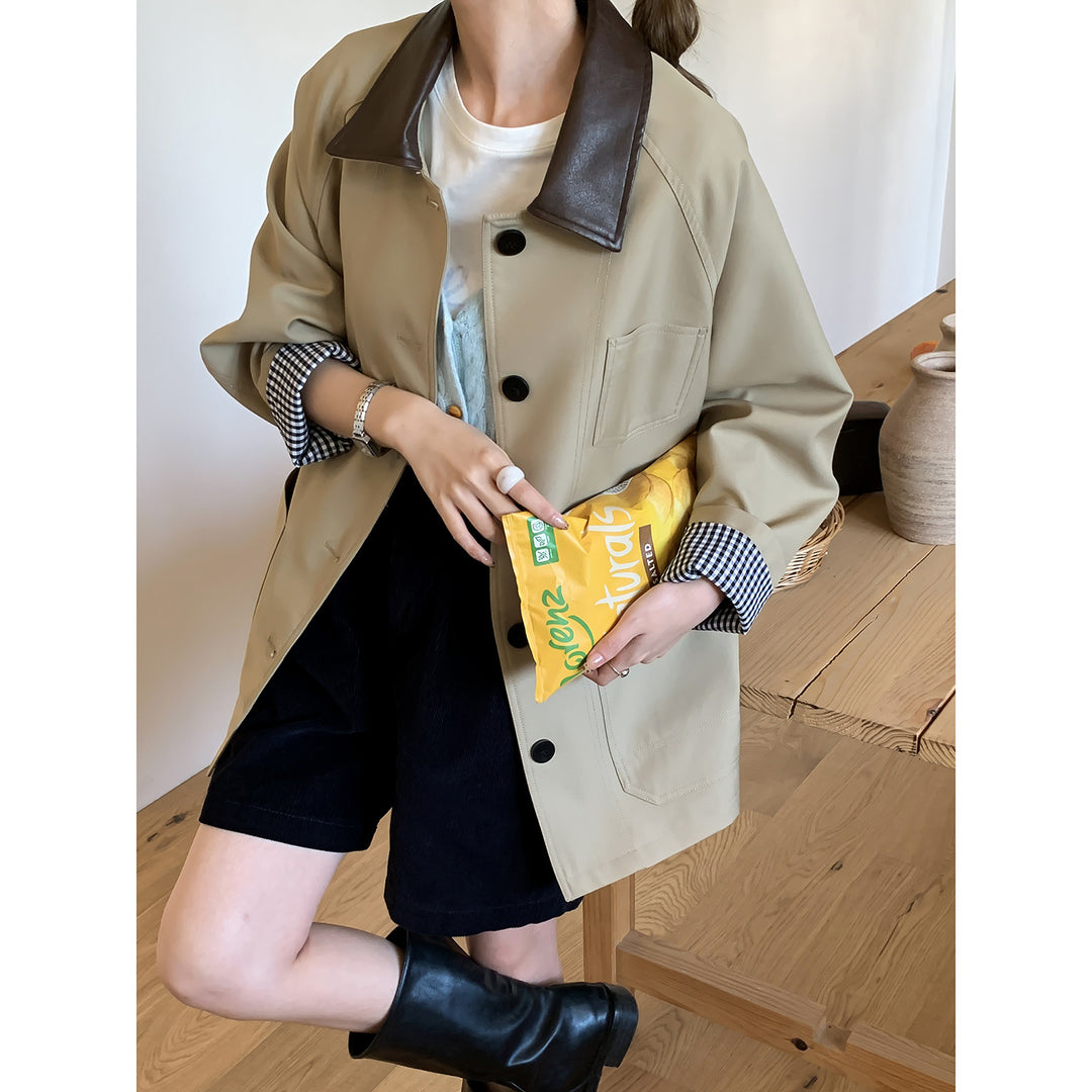 Damen Leichte Oversize-Übergangsjacke mit Kontrastkragen und kariertem Ärmelsaum Nord Taschen