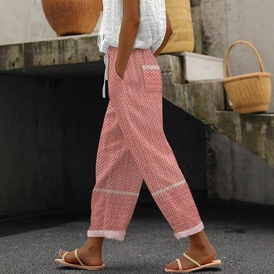 Damen Weite Leinenhose mit handgewNord Taschentem Muster