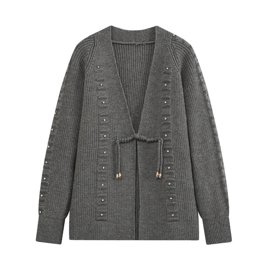 Damen Grobstrick-Cardigan mit Tunnelzug und Strassapplikation Nord Taschen