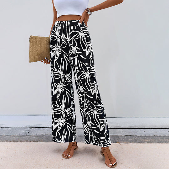 Damen Hochtaillierte Weite Hose mit floralem Muster Nord Taschen