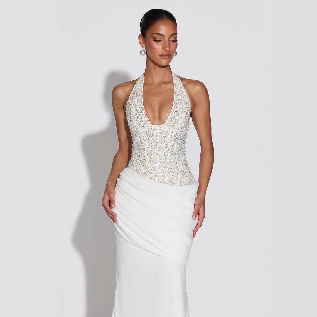 Damen Glamouröses Abendkleid mit tiefem V-Ausschnitt und dekorativen Pailletten