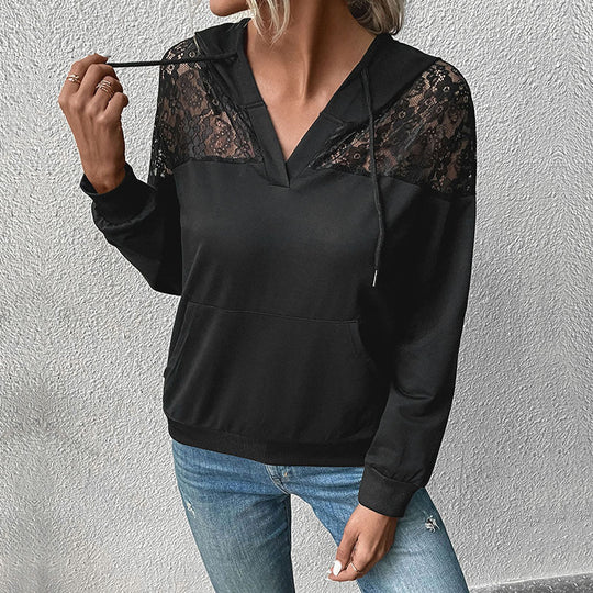 Damen Kapuzenpullover mit Spitzen‑Einsatz und V‑Ausschnitt Nord Taschen