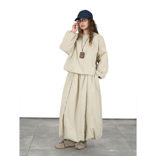 Damen Voluminöses Maxi‑Kleid im Oversize‑Stil mit Rundhalsausschnitt und elastischen Ärmelbündchen Nord Taschen