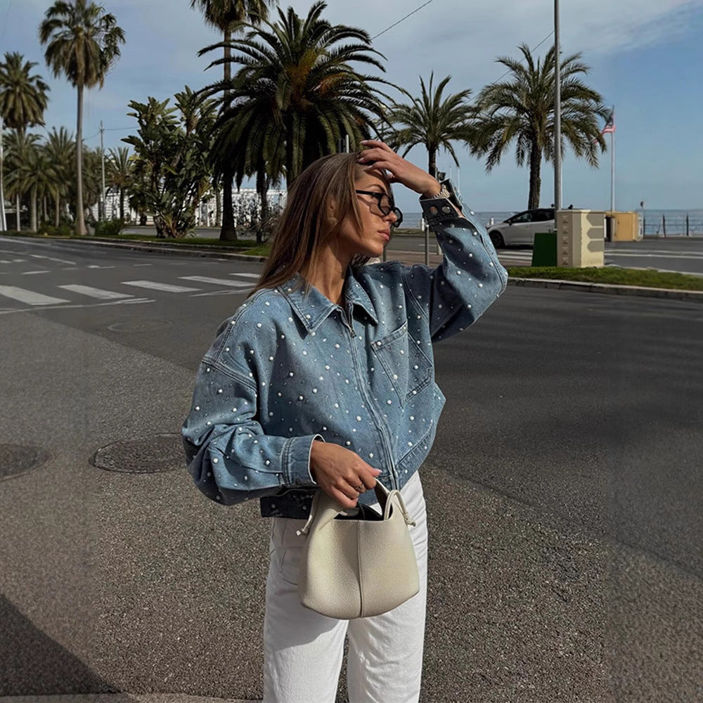 Damen Gekürzte Denim-Jacke mit Perlenbesatz und Oversize-Ärmeln Nord Taschen