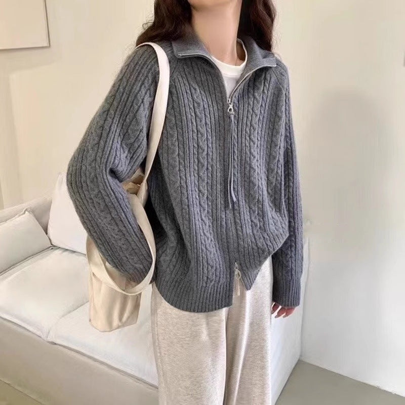 Damen Kastiger Zopfstrick‑Cardigan mit Zweiwege‑Reißverschluss, Stehkragen und breitem Rippsaum Nord Taschen