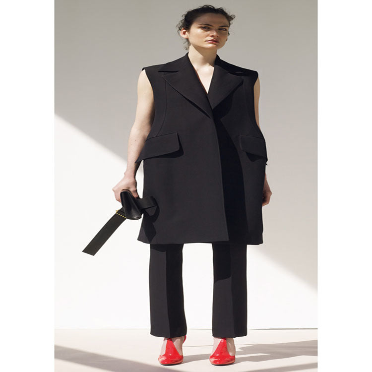 Damen Ärmellose A-Linien Longweste im Oversized Tailoring mit Schalkragen Nord Taschen