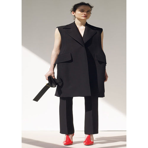 Damen Ärmellose A-Linien Longweste im Oversized Tailoring mit Schalkragen Nord Taschen