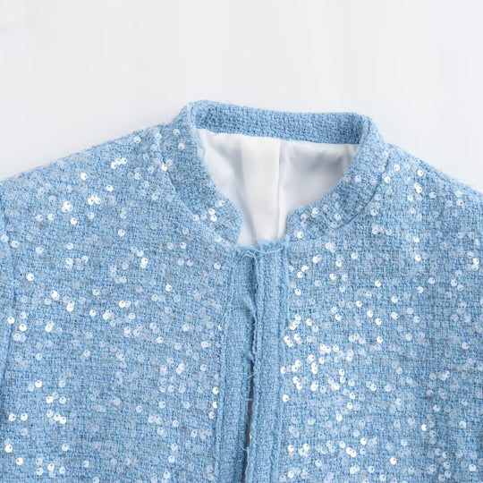 Damen Kurz geschnittene Bouclé‑Tweed Jacke mit Paillettenbesatz und Pattentaschen Nord Taschen