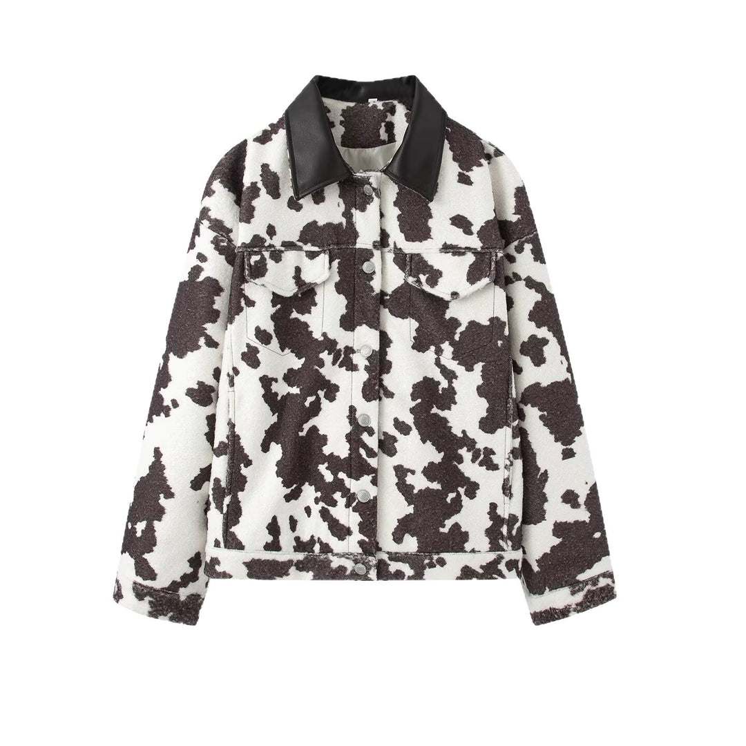 Damen Teddy-Truckerjacke mit Kuhfleckenmuster und Kunstlederkragen Nord Taschen