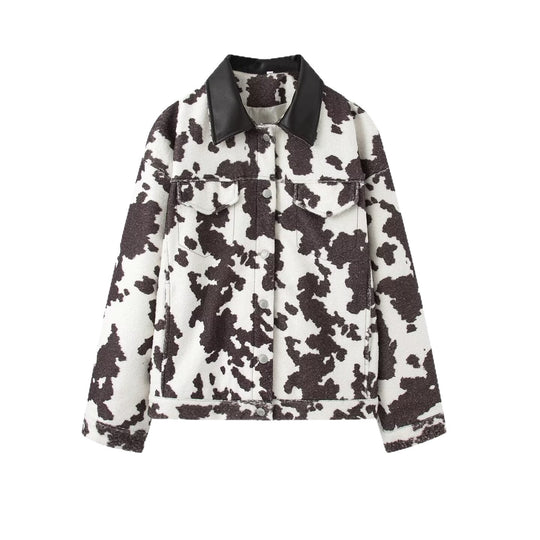 Damen Teddy-Truckerjacke mit Kuhfleckenmuster und Kunstlederkragen Nord Taschen
