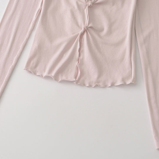 Damen Langarm-Feinjersey-Top mit Spitzen-Einsatz, Knotenfront und Raffung Nord Taschen