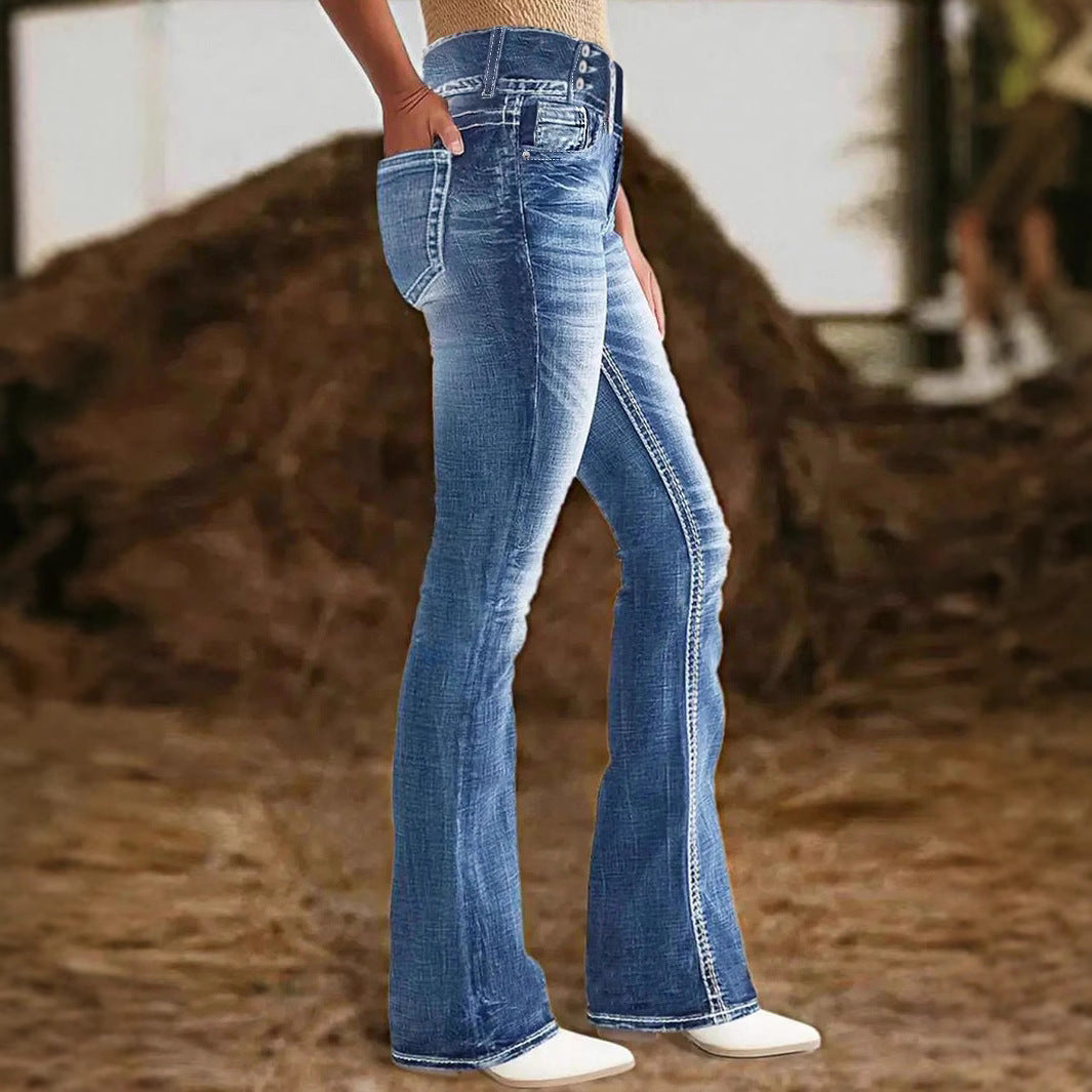 Damen hochtaillierte Flared-Jeans mit seitlicher Ziernaht und sculptendem Stretchbund Nord Taschen