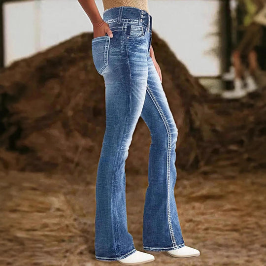 Damen hochtaillierte Flared-Jeans mit seitlicher Ziernaht und sculptendem Stretchbund Nord Taschen
