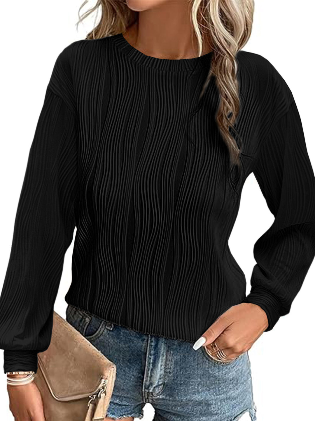 Damen Plissiertes Feinstrick-Longsleeve mit Rundhalsausschnitt Nord Taschen