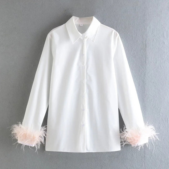 Damen Elegante Baumwollbluse mit Federbesatz an Manschetten und klassischem Hemdkragen Nord Taschen