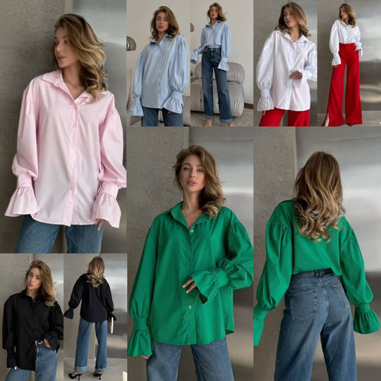Damen Oversized-Bluse mit Volant-Manschetten und Ballonärmeln Nord Taschen