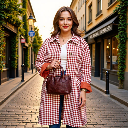Damen Karo-Trenchcoat mittellang mit Knopfleiste und kontrastgefütterten Manschetten Nord Taschen