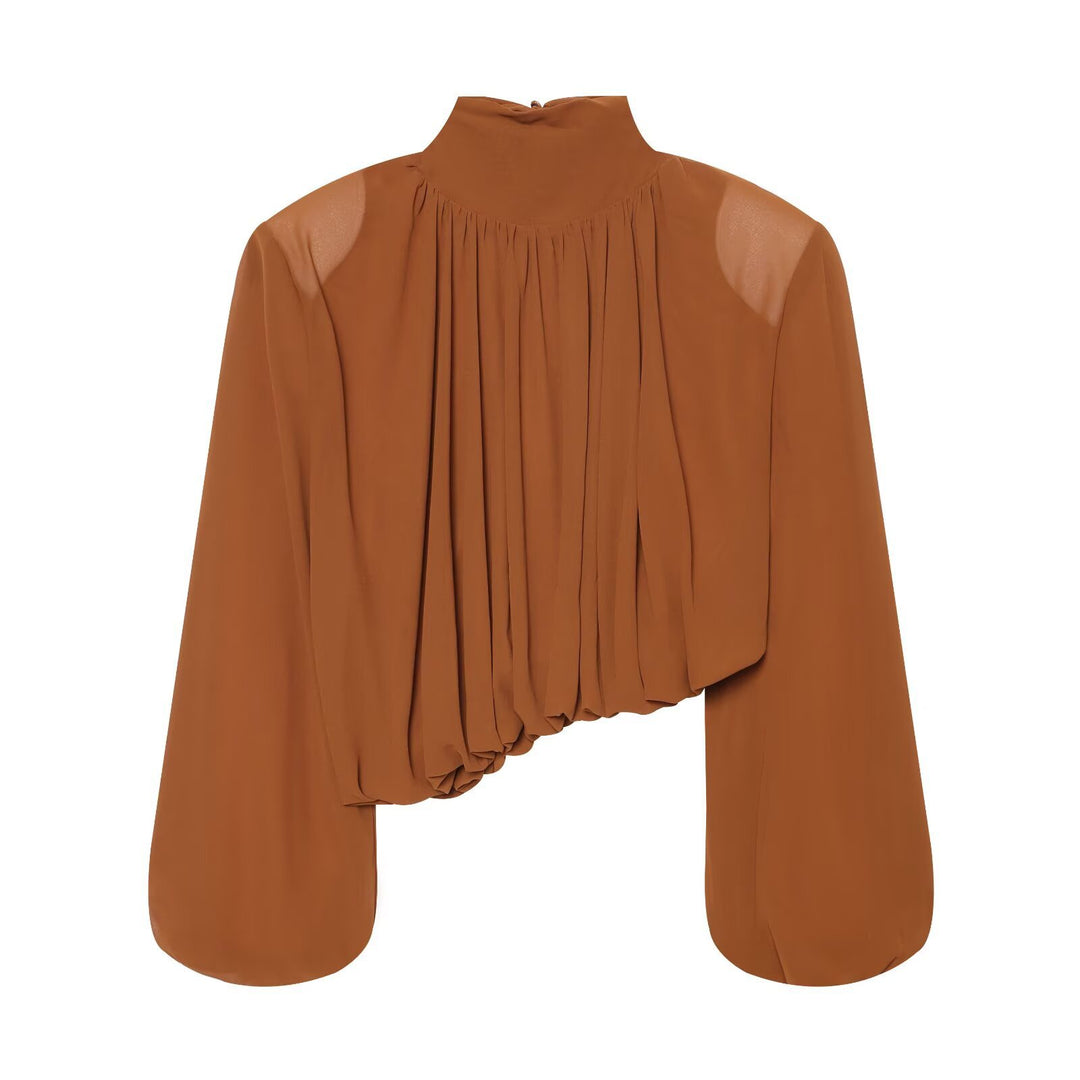 Damen Plissierte Bluse mit Stehkragen und Ballonärmeln Nord Taschen