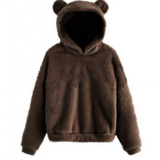 Damen Kuscheliger Teddy-Kapuzenpullover mit Bärenohren und Gummizugsaum Nord Taschen