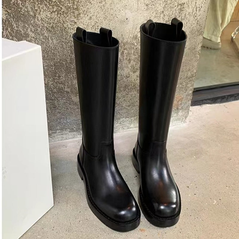 Damen Kniehohe Glattleder-Stiefel mit runder Zehenpartie und robuster Plateausohle Nord Taschen