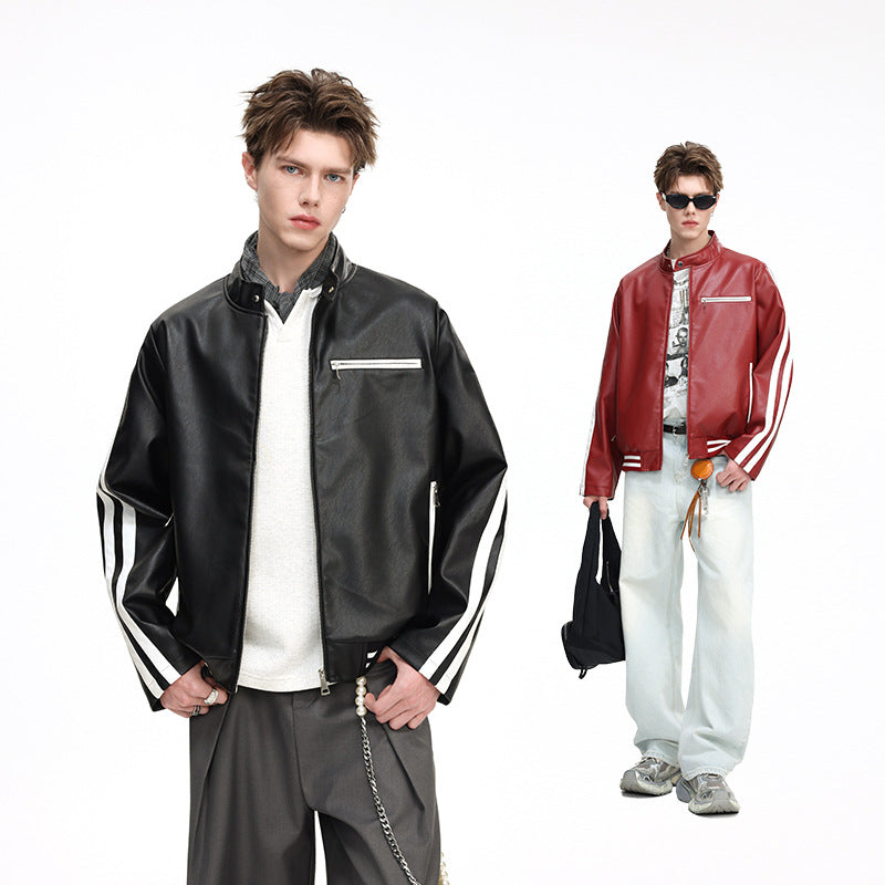 Herren Lederimitat-Collegejacke mit Kontraststreifen, Reißverschlusstaschen und Stehkragen Nord Taschen