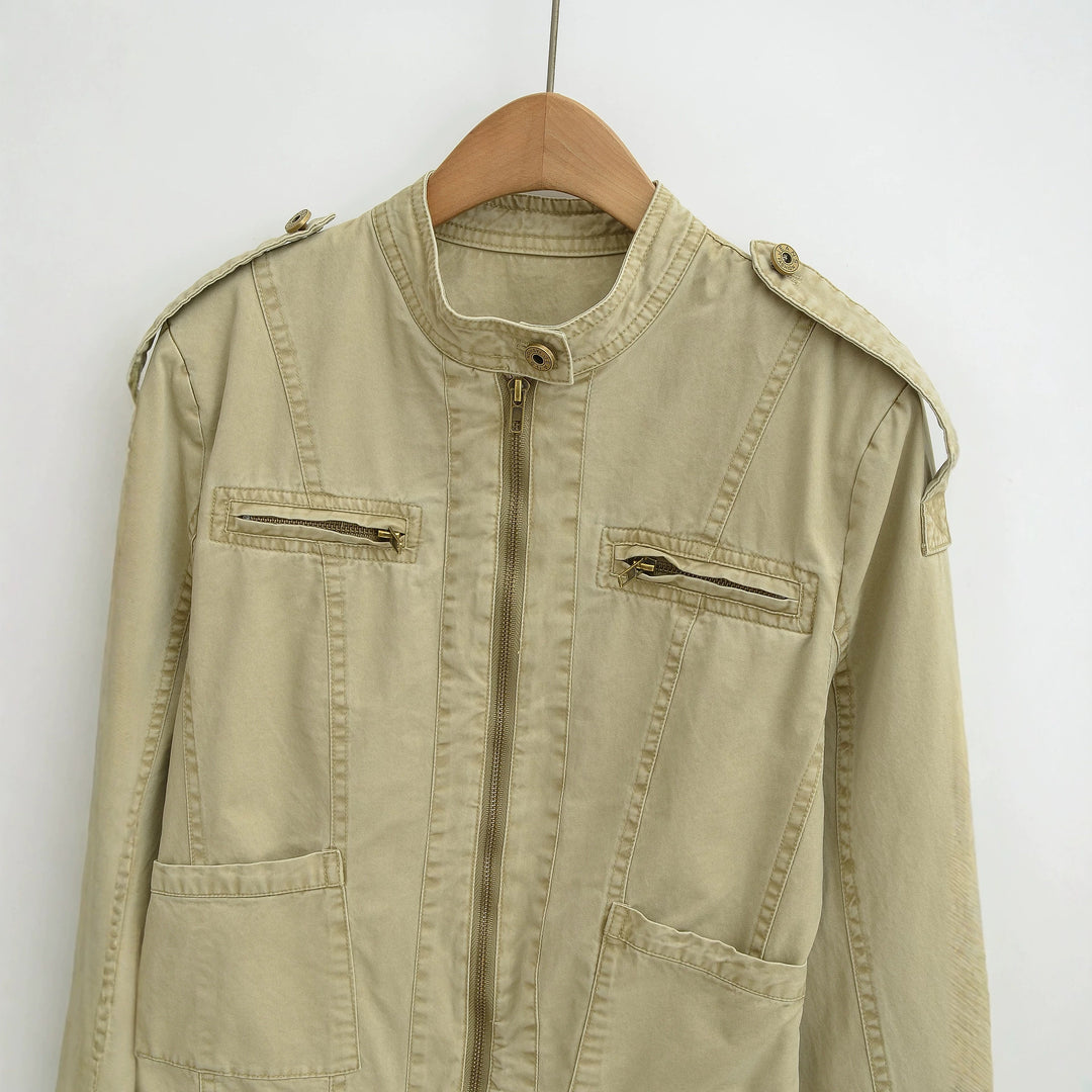 Damen Fieldjacke mit Stehkragen, Schulterklappen und goldfarbenen Reißverschlüssen Nord Taschen