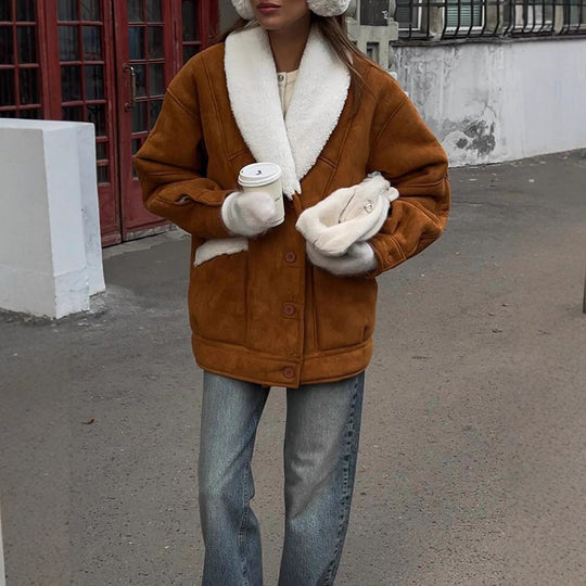 Damen Oversized Lammfellimitat Jacke mit großem Schalkragen Nord Taschen