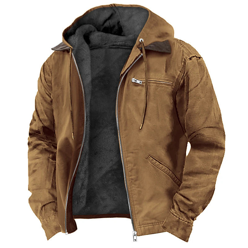 Herren Gefütterte Kapuzen-Lederjacke mit Teddyfutter und Brustreißverschlusstasche Nord Taschen