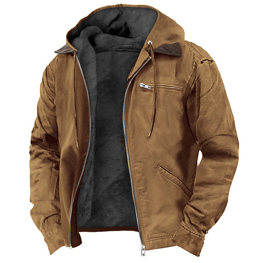 Herren Gefütterte Kapuzen-Lederjacke mit Teddyfutter und Brustreißverschlusstasche Nord Taschen
