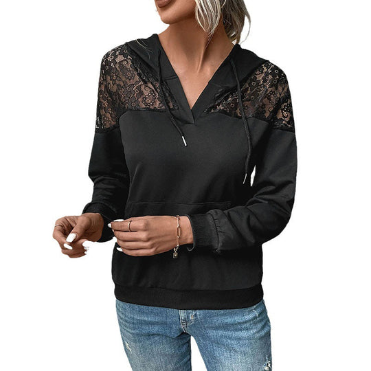 Damen Kapuzenpullover mit Spitzen‑Einsatz und V‑Ausschnitt Nord Taschen
