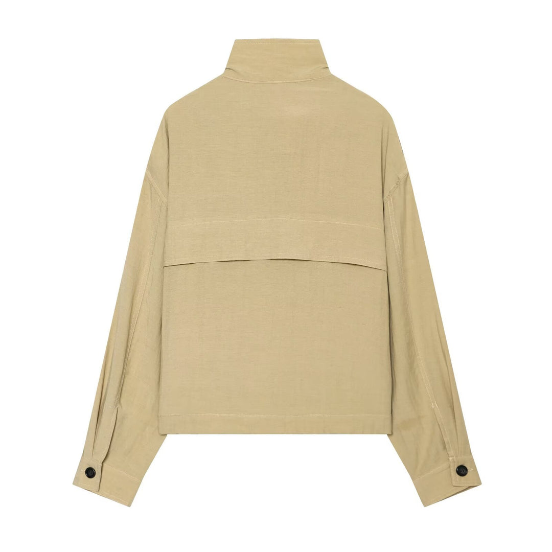 Damen Oversize Cropped Utility‑Jacke mit hohem Stehkragen, Schulterklappen und Tunnelzug Nord Taschen