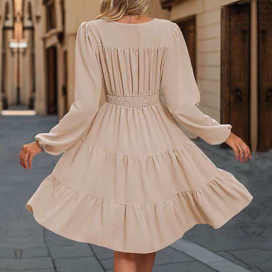 Damen Langarmkleid mit V-Ausschnitt und Rüschen Nord Taschen