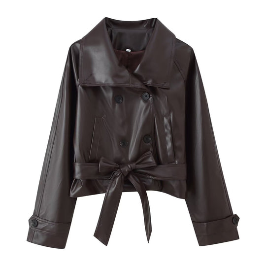 Damen 100+ Cropped Kunstleder-Trenchblouson mit doppelreihiger Knopfleiste und Taillengürtel Nord Taschen