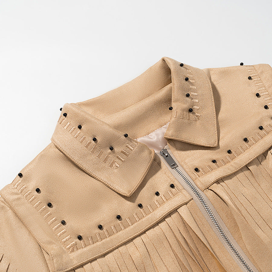 Damen Kurze Fransen-Suedejacke im Westernstil mit Nietenbesatz und Frontreißverschluss Nord Taschen