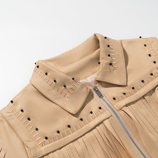 Damen Kurze Fransen-Suedejacke im Westernstil mit Nietenbesatz und Frontreißverschluss Nord Taschen