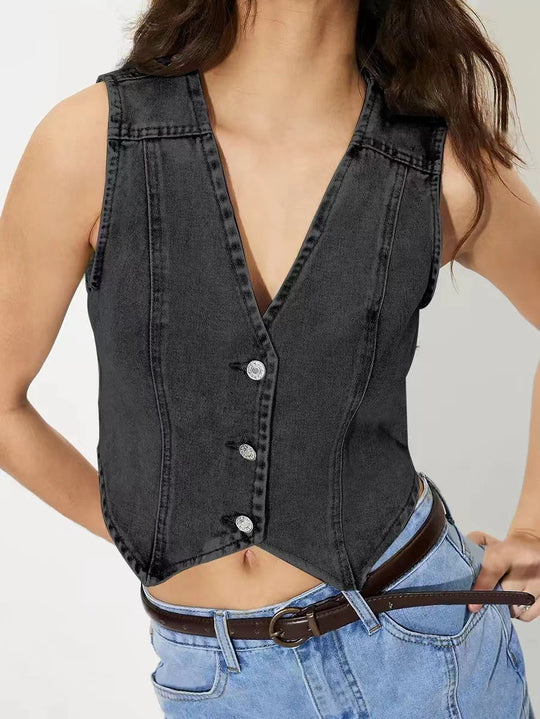 Damen taillierte ärmellose Jeansweste mit V-Ausschnitt Nord Taschen