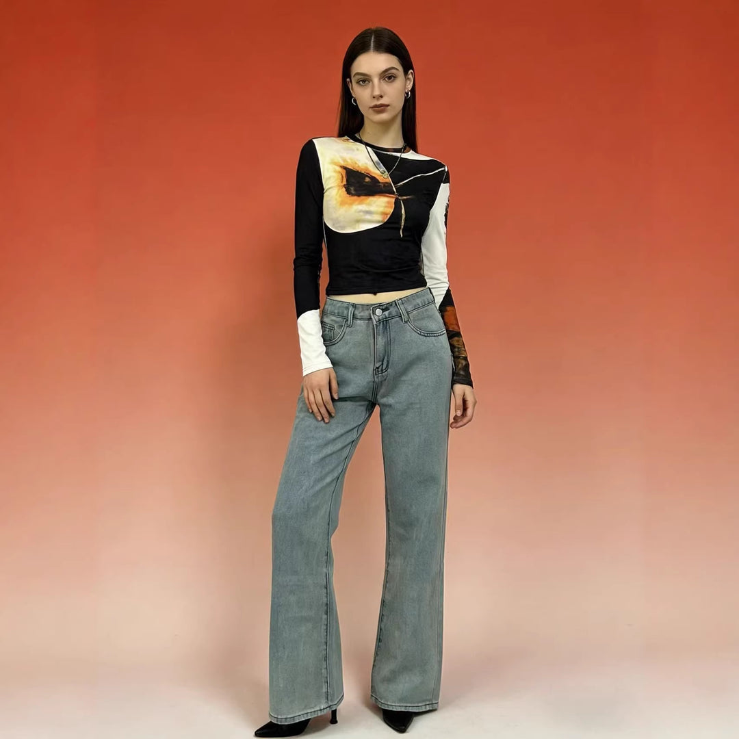 Damen hochgeschnittene weich fallende Schlagjeans aus Stretch-Denim mit figurformender Passform Nord Taschen