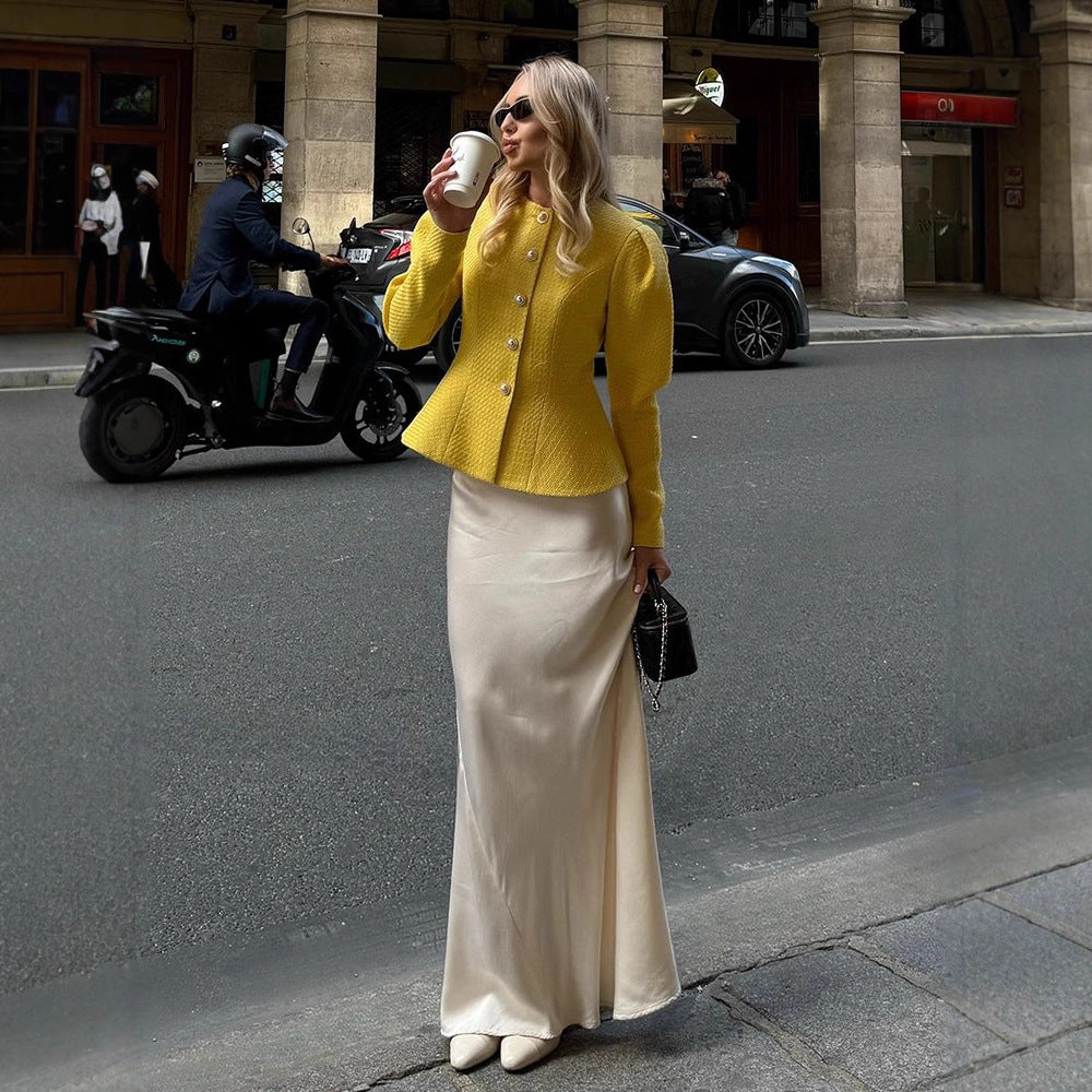 Damen Taillierter Bouclé-Peplum-Blazer mit Zierknöpfen Nord Taschen