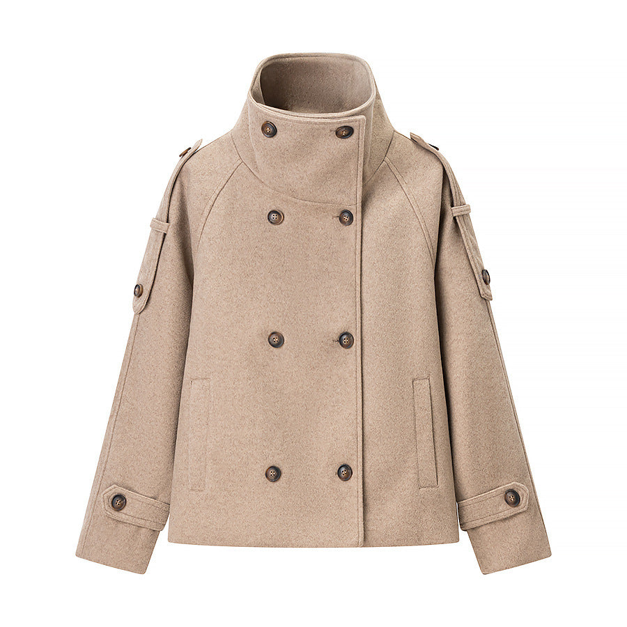 Damen Kurzer Doppelreihiger Woll-Peacoat mit Stehkragen Nord Taschen