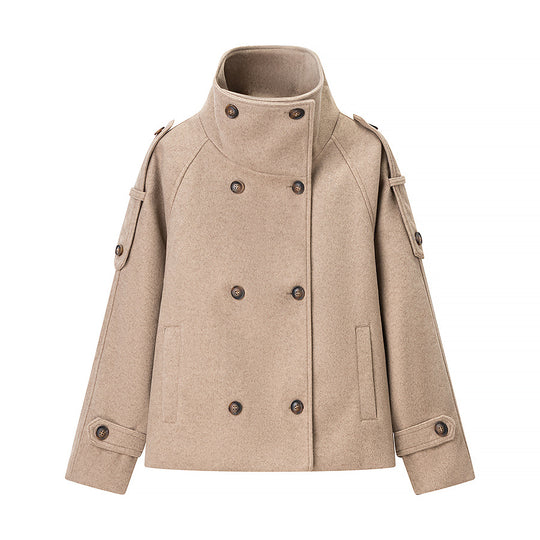 Damen Kurzer Doppelreihiger Woll-Peacoat mit Stehkragen Nord Taschen