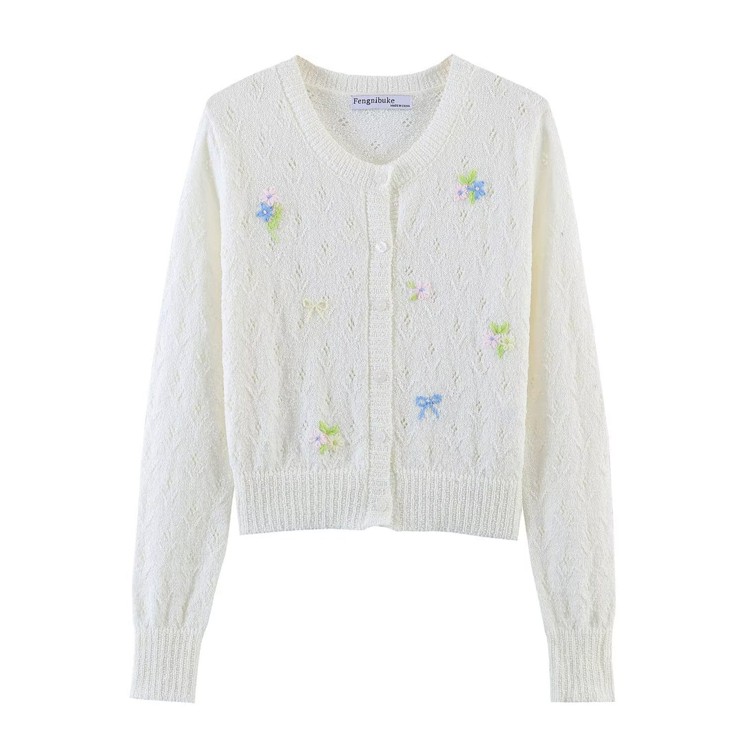 Damen Feiner Strick-Cardigan mit Blumenstickerei und tailliertem Saum Nord Taschen