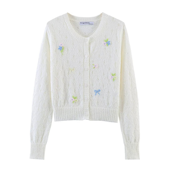 Damen Feiner Strick-Cardigan mit Blumenstickerei und tailliertem Saum Nord Taschen